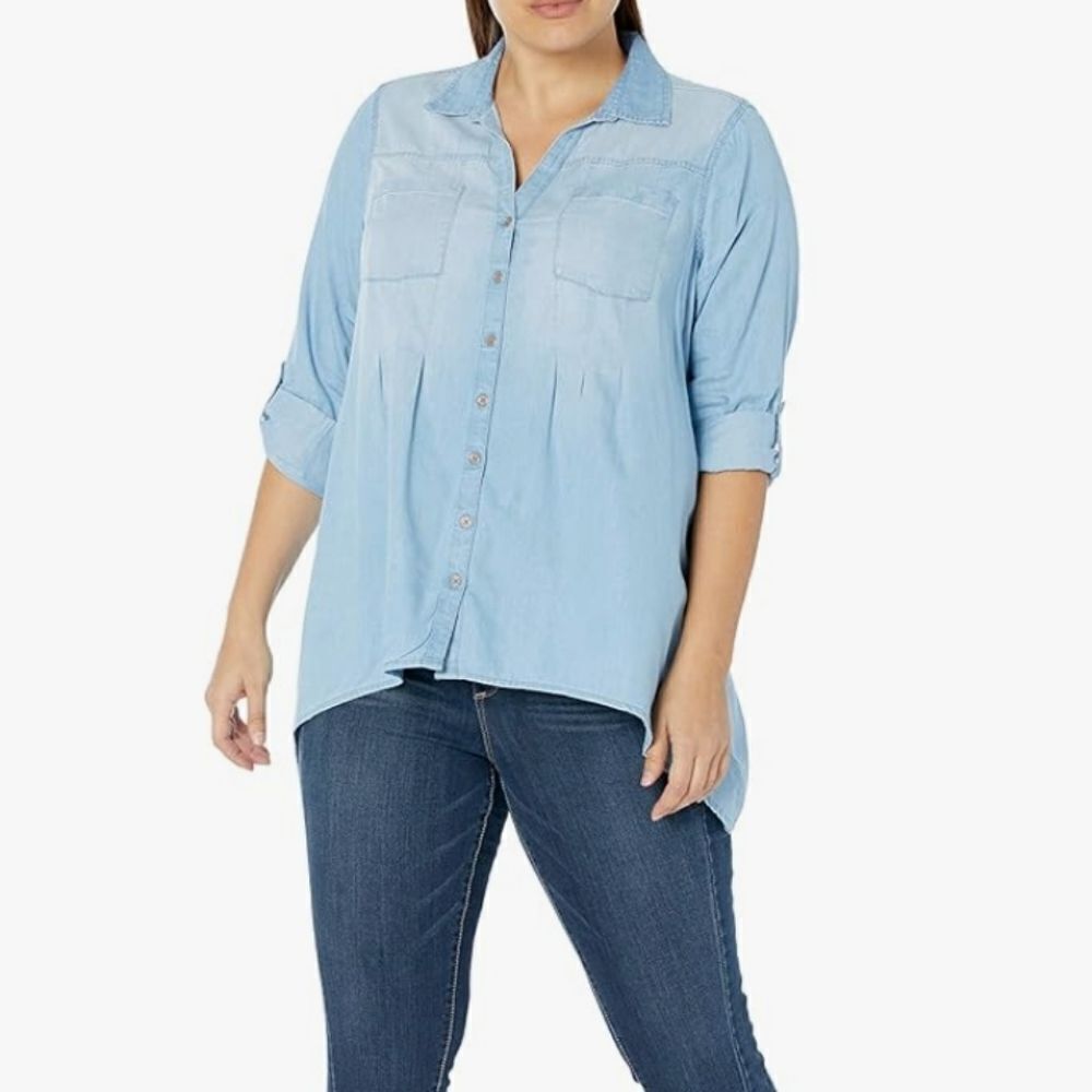 Vintage America  Heaven flounce button-up long-sleeve roll tab denim tunic top